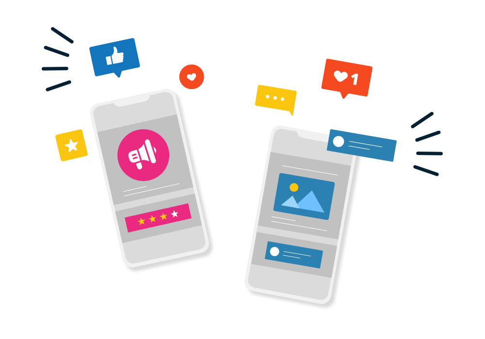Graphic representation of mobile phones depicting social media browsing